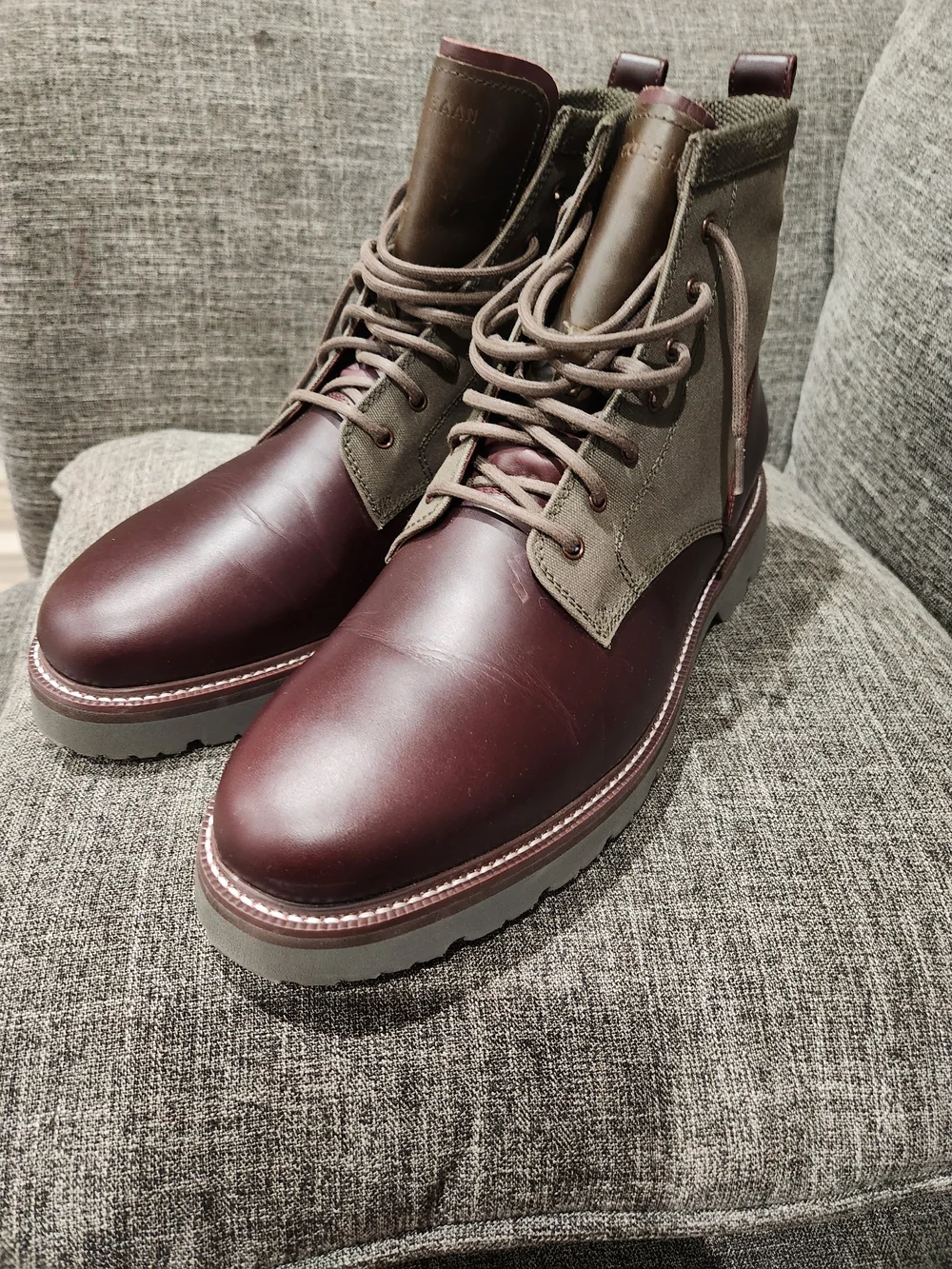 Cole Haan Burgundy Leather and Olive Suede Lace-Up Boots